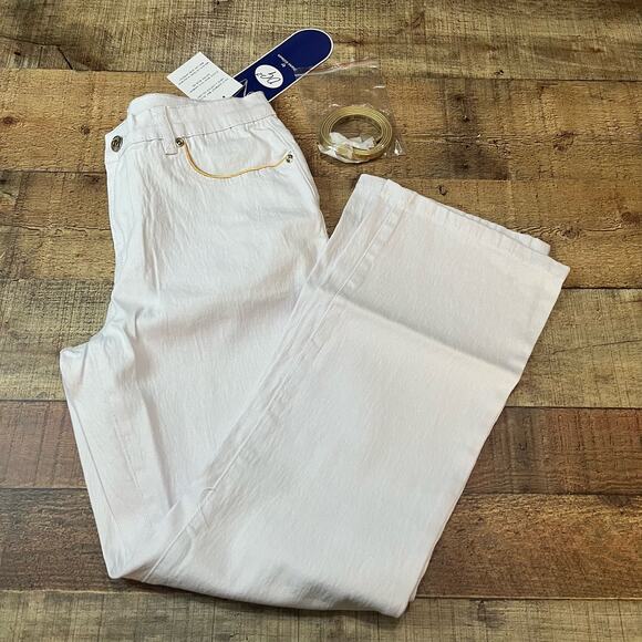 DG2 Diane Gilman | NEW White Gold Trim Stretch Denim Straight Leg Jeans Sz 8 P - Picture 1 of 4